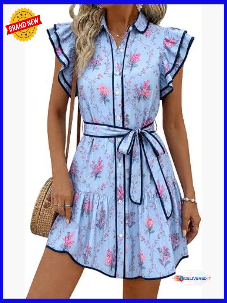 Boho Floral Button Down Mini Dress With Ruffled Sleeves